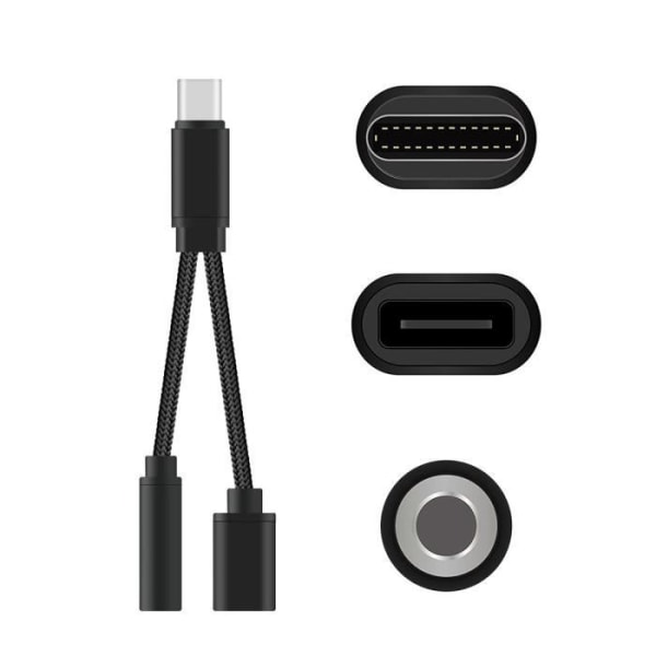 2 i 1 USB-C till 3,5 mm Typ C Audio Adapter Converter Kabel 3,5 mm Audio Jack Hörlursadapter (svart) A227