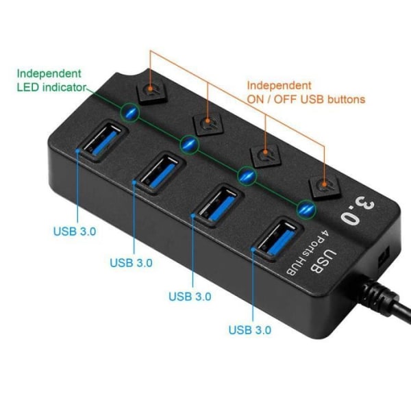 OCIODUAL Hub Adapter 4 ingångsportar USB Typ A 3.0 knappar PÅ/AV-knappar med LED-ljus Svart för PC Laptop