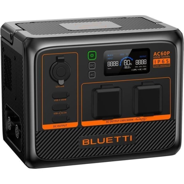 BLUETTI AC60P IP65 Bärbar elstation, 504Wh nomadbatteri, 2*600W elstation (1200W Max.), AC60, EB70 förbättrad