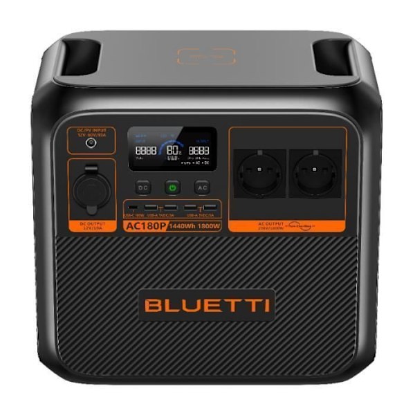 BLUETTI AC180P elektrisk generator med PV350 solpanel, 1440Wh LiFePO4, 2*AC 1800W (2700W topp), AC180 uppgraderad