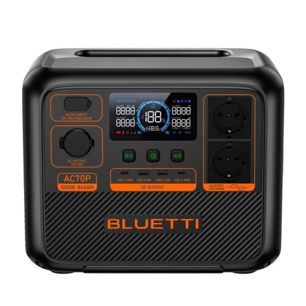 BLUETTI AC70P Bärbar elektrisk generator, 864Wh LiFePO4, 2*AC 1000W (2000W Peak), AC70, EB70 förbättrad