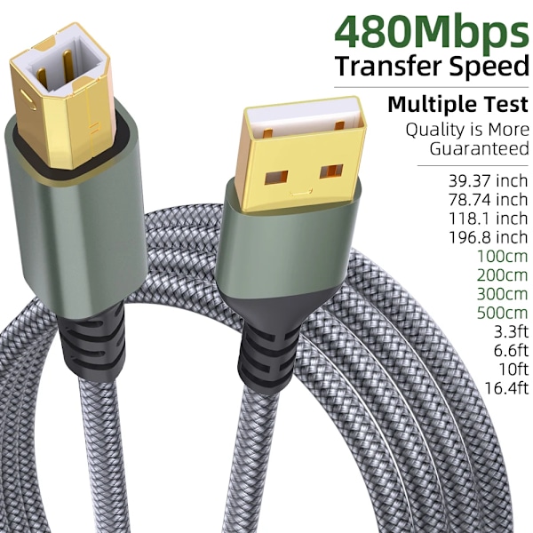 USB A Printerkabel 4,8 m Upp till 480 Mbps dataöverföringshastighet för USB A-enheter USB A till USB 2.0 Typ B Dell Epson Lexmark 1PC Black 3m