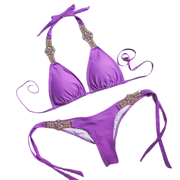 2-delad baddräkt för kvinnor Sexig Crystal Tie Bikinithong Slim sommarbadkläder s purple