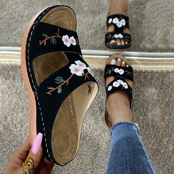 Ortopediska sandaler för kvinnor Broderade blommor Flip Flops Skor Våren bekväma tofflor 41 black