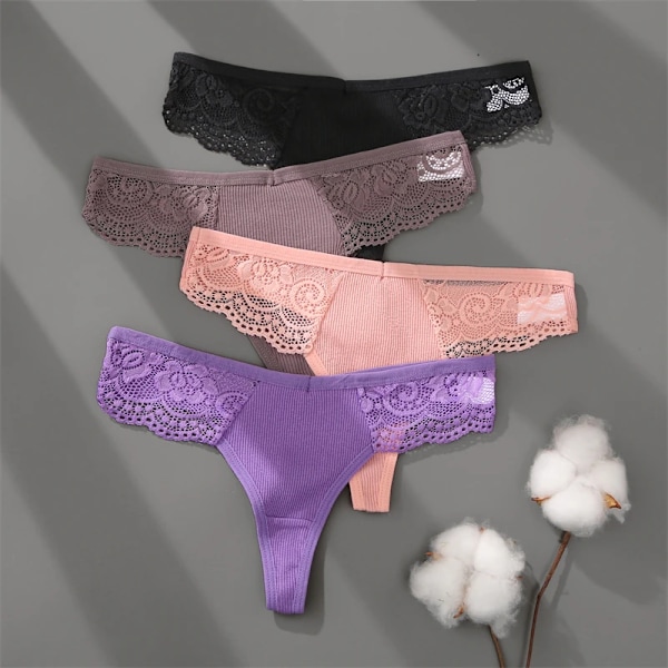 FINETOO 3-pack Dam Trosor i Bomull Spets Tanga Sexiga Enfärgade Låg Midja Bikini Underkläder Damer Andningsbara G-string Underkläder SET 7 XL