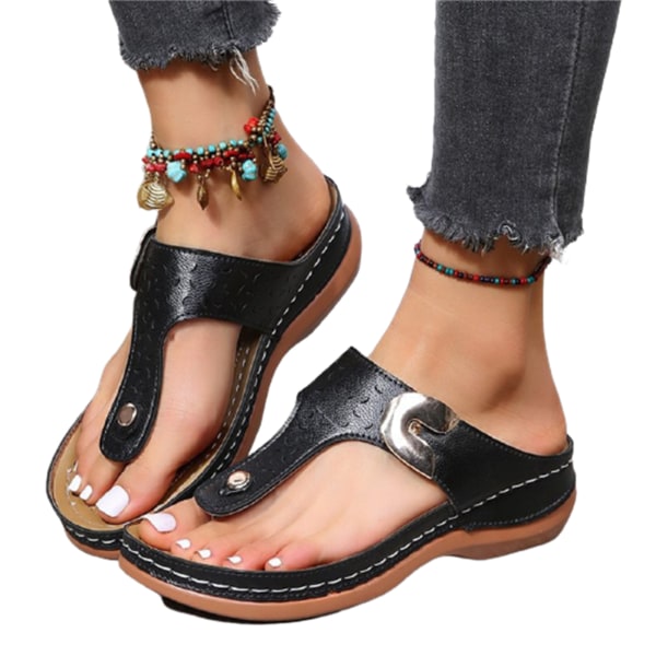 Kvinnor PU Läder Sandaler Strass Flip Flops Halkfria Bekväma Sommar Strand Promenad Skor Tofflor Nytt black 40