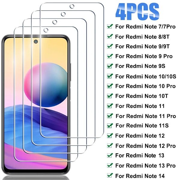 4 st Härdat Glas för Xiaomi Redmi Note 11 11s 10 9 8 7 Pro 10s 9s 8t 9t Skärmskydd För Redmi Note 12 13 Pro 14 5G 12s For Note 7 4PCS Glass