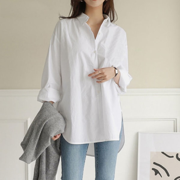 Casual långärmad tröja för kvinnor i enfärgad lös lapelskjorta för pendling och fritid white 5xl