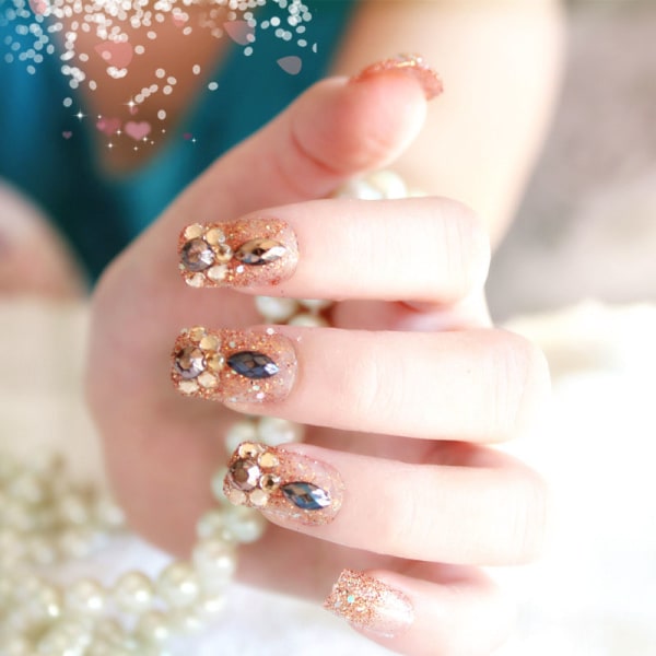 24st/ Set Crystal Golden False Nails Full Finished Finger Nail Art Tips Rhinestone as show