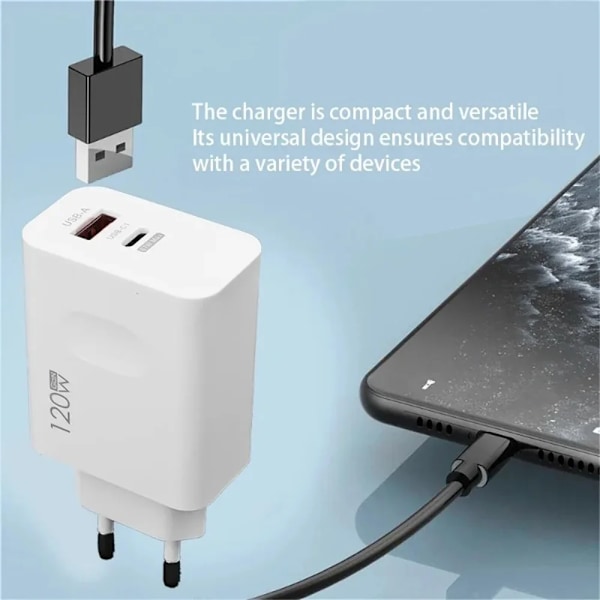 Total 120W USB-laddare Typ C-kabel Snabbladdning För iPhone Xiaomi Samsung Oneplus Pixel Mobiltelefoner Quick Charge 3.0 Adapter EU Plug