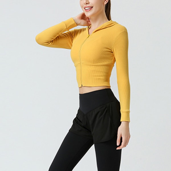Dam Crop Tops Sweatshirts Långärmad Huvtröja med dragkedja Skinny Rib Träningsjacka för s yellow