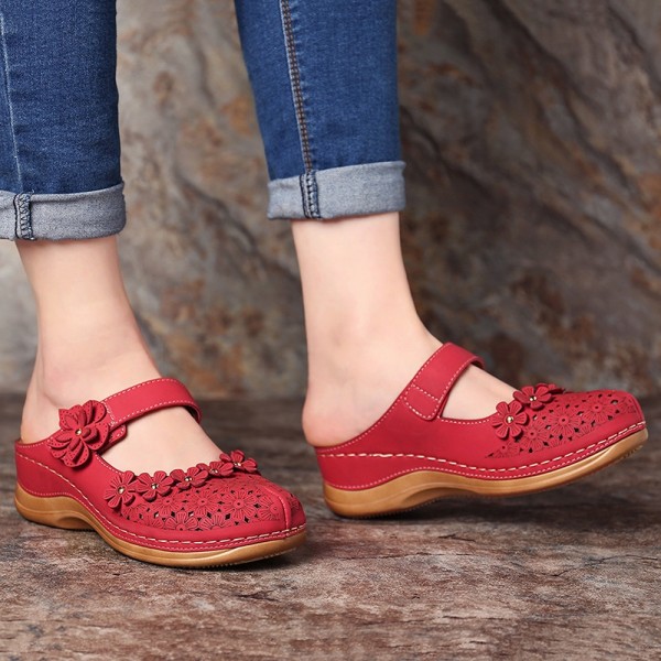 Platta ihåliga sandaler för kvinnor Mjuka och breda sandaler med ovandel i PU-läder för matchning av tygkläder för fest 42 red