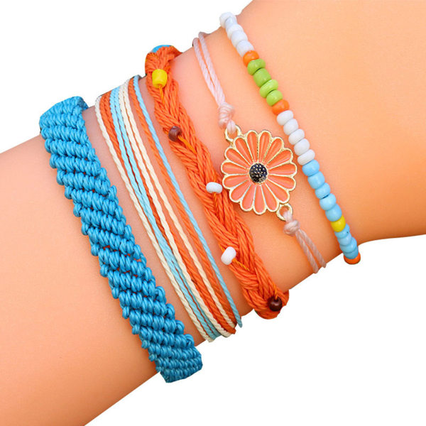 5 ST handgjorda flätade armband med färgad blomdekor Justerbar vaxlinje Etnisk strand 1 5pcs
