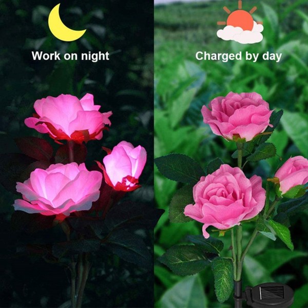 Solar Garden Stake Lights Färgglada LED Tre Blommor Rosor Spotlight Gård Uteplats Pathway Dekoration three pink roses pink