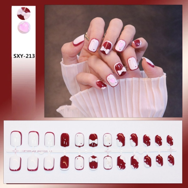 24st glänsande vinröd falsk nagel Kort falsk nagel med vit rosett för kvinnor tjej jelly glue model