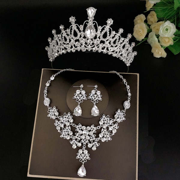 Bridal Tiaras Crown Set med örhängen Kit & Necklace Handgjorda lyxiga hårtillbehör i kristall till festbal Nyhet 7