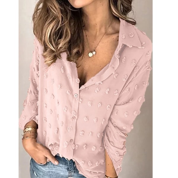 Vår och sommar Nytt dammode Europeiska och amerikanska långärmade skjortor Polokrage Jacquard Enfärgad skjorta Dam light pink 2xl