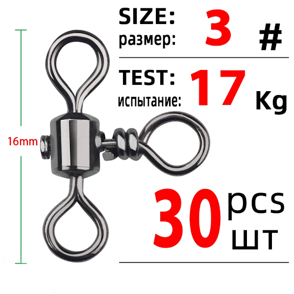 DNDYUJU 30st 3-vägs Tunnformad Korslina Fiskesvivlar Med Solid Ring Mässing Fiskekrok Linjekoppling Fisketillbehör Size 3