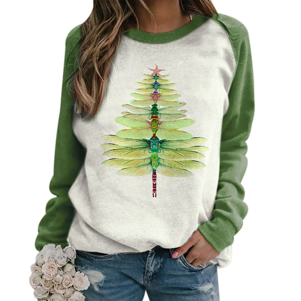 Dragonfly Christmas Tree Print Sweatshirt Långärmad Casual Top Women green 4xl