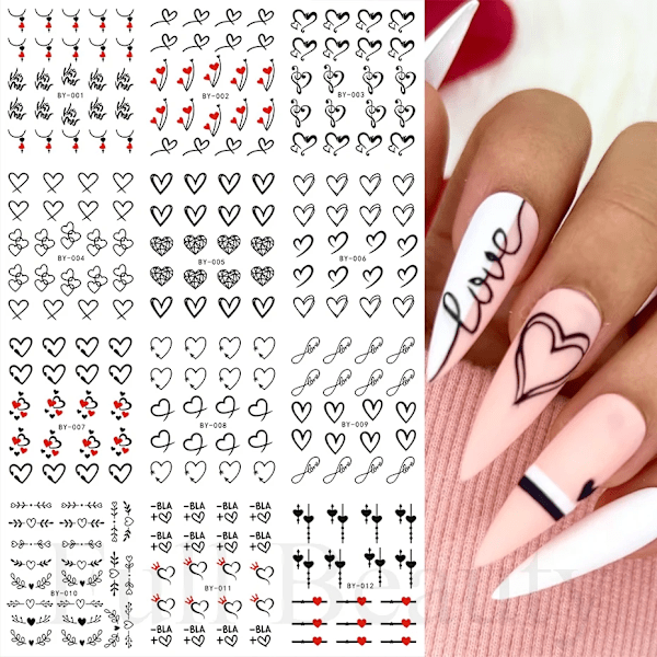 12 st Vatten Dekaler Nagelkonst Hjärta Kärleksbrev Katter Blommor Dekaler Transfer Sliders Tatuering Alla Hjärtans Dag Dekorationer Manikyr TRBY BN2485-2496