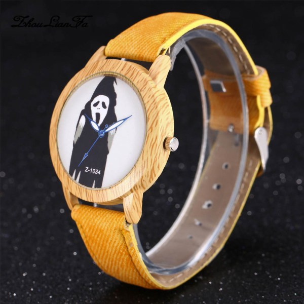 Halloween Watch Witch Blue Needle Wood Grain Dial Denim Strap Watches Casual Watch yellow