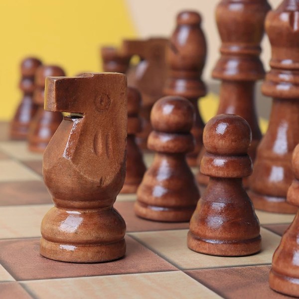 Internationellt schack 3-i-1 schackset i trä Set Pedagogisk hjärnträning Vikning 34x34cm