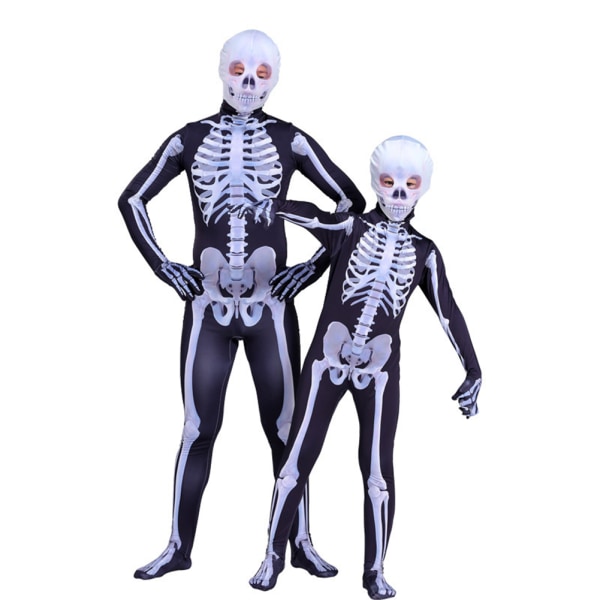 Skeleton Bone Body Halloween kostymer med Skeleton Hood Mask för förälder-barn black 130