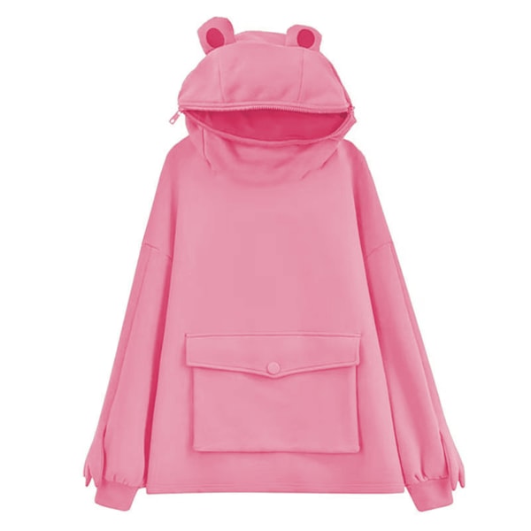 Frog Shape Zipper Hoodies med en stor ficka Vinter Varm Mjuk Lös Oversized m gray