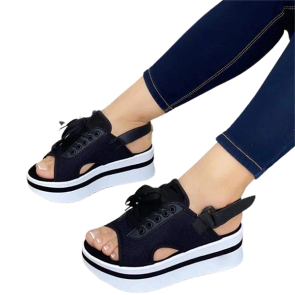 Kvinnor Chunky Platform Sandaler Tie-up Övre PU Skor Krok & Loop hälrem black 36