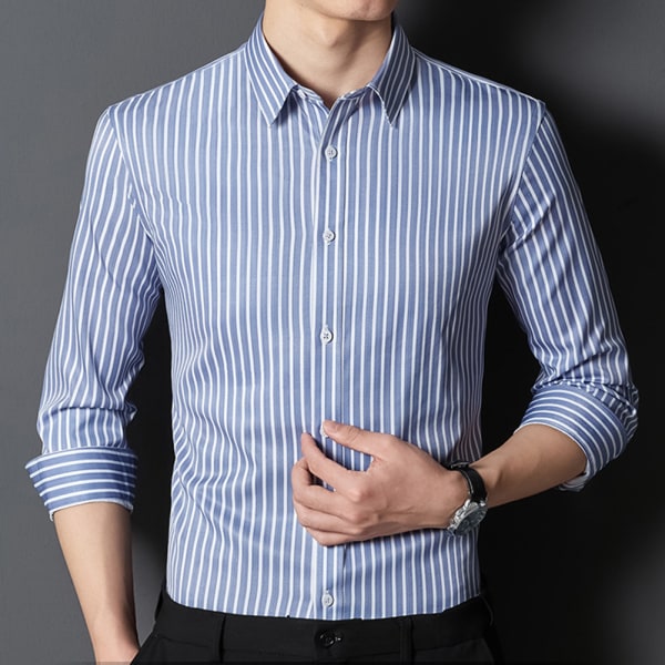 Klassisk skrynkbeständig skjorta för män Icke järn långärmad randig  klänningskjorta med spridd krage 6 39 80bf | 6 | 39 | Fyndiq