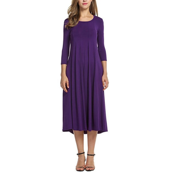 Womens Holiday Casual Swing Dress 3/4 ärm Crew Neck Lång Maxiklänning Enfärgad purple 2xl