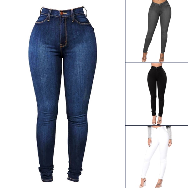 Stretch jeansbyxor för kvinnor hög midja slimmade jeansleggings Mjuka hudvänliga pennbyxor l black
