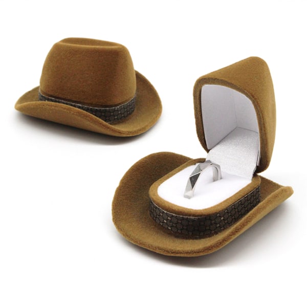 Flockande Cowboy-Hatt Ringar Box Ringar Smycken Display Case Jubileumspresent brown