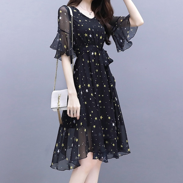 Summer Star Dress Korean Style Rund Neck Black Puff Half Sleeve Plus Size Kjol För blue m