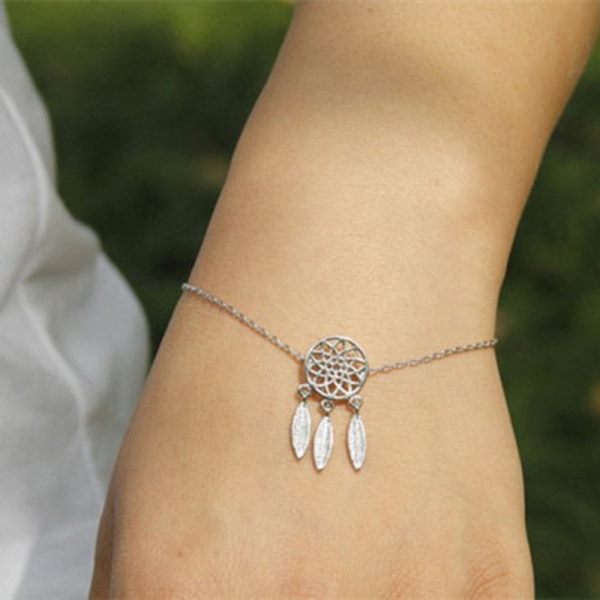 Kvinnor Drömfångare Hänge Armband Fjäder Tofs Smycken Retro Etniska Armband silver