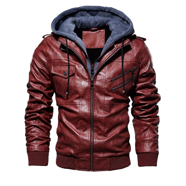 Herr PU Läder Ytterkläder Hoodie Motorcykel Coat Biker Style för höst och vinter varm kappa 2xl d