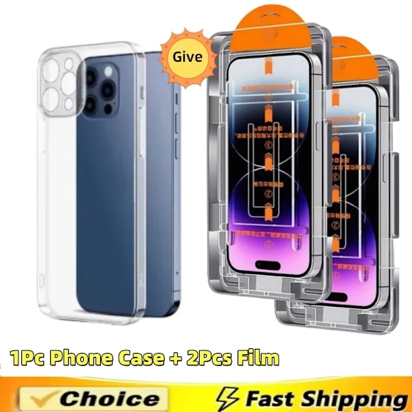 3-1 st Oleofobisk Beläggning Dammtät Lätt Att Installera HD Skärmskydd För iPhone 16 Pro 15 14Plus 11 13 12 Pro Max XS XR Glas 2Pcs HD(DF)-1Pc Case iPhone14Plus