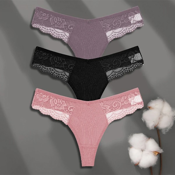 FINETOO 3-pack Dam Trosor i Bomull Spets Tanga Sexiga Enfärgade Låg Midja Bikini Underkläder Damer Andningsbara G-string Underkläder SET 15 XL