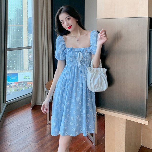 Fransk stil Daisy printed klänning för kvinnor fyrkantig hals puff kortärmad kjol blue xl
