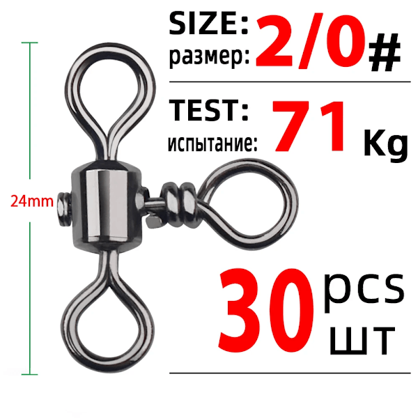 DNDYUJU 30st 3-vägs Tunnformad Korslina Fiskesvivlar Med Solid Ring Mässing Fiskekrok Linjekoppling Fisketillbehör Size 2l0