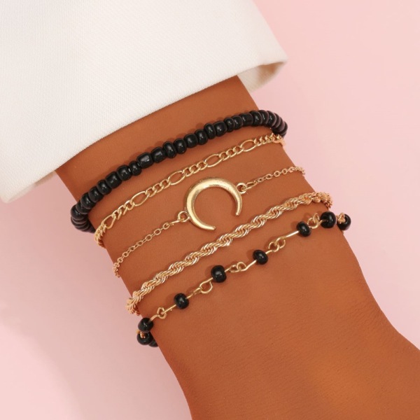 5st Moon Armband Hand Chain Justerbale Vintage Simple Multi-layer Beaded Armband Gift golden black beads