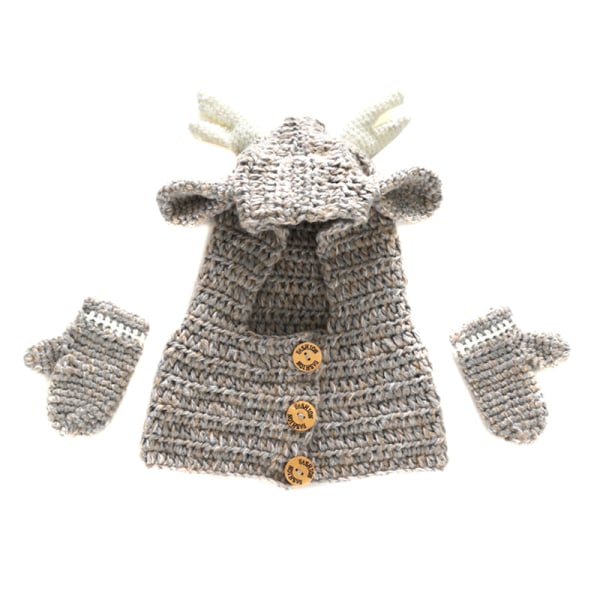 Nyfödd Hooded Tippet med handskar Kostym Stickad Deer Horn Baby Photography Set khaki