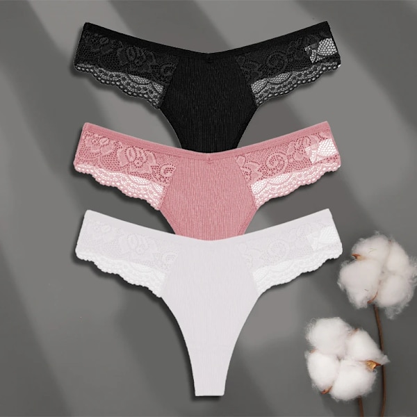 FINETOO 3-pack Dam Trosor i Bomull Spets Tanga Sexiga Enfärgade Låg Midja Bikini Underkläder Damer Andningsbara G-string Underkläder SET 1 XL
