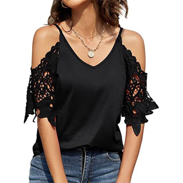 Kvinnor V-hals Sling Tops Cut Out Spetsärmar Cold Shoulder Sommarskjortor black m