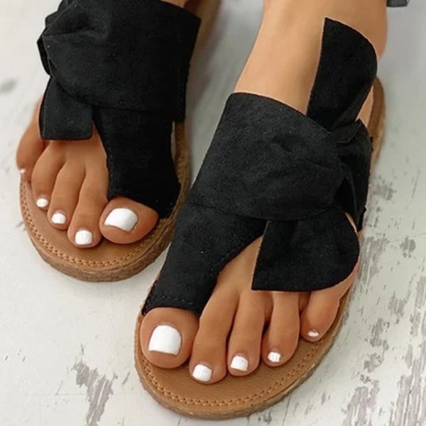Kvinnor Bowknot Toe Ring Sandaler Dam Comfy Tofflor Sommar Slip On Flat Shoes beige 35