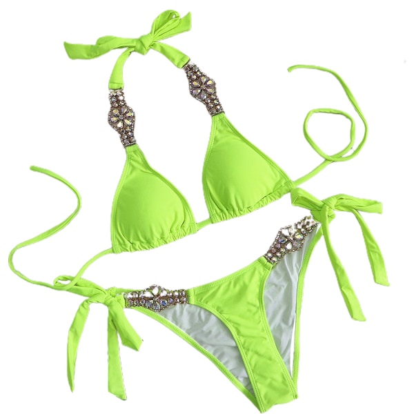 2-delad baddräkt för kvinnor Sexig Crystal Tie Bikinithong Slim sommarbadkläder m fluorescent green