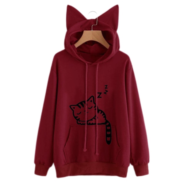 Kvinnor vår höst sweatshirt printed hoodie med dragsko för kattöron wine red xl