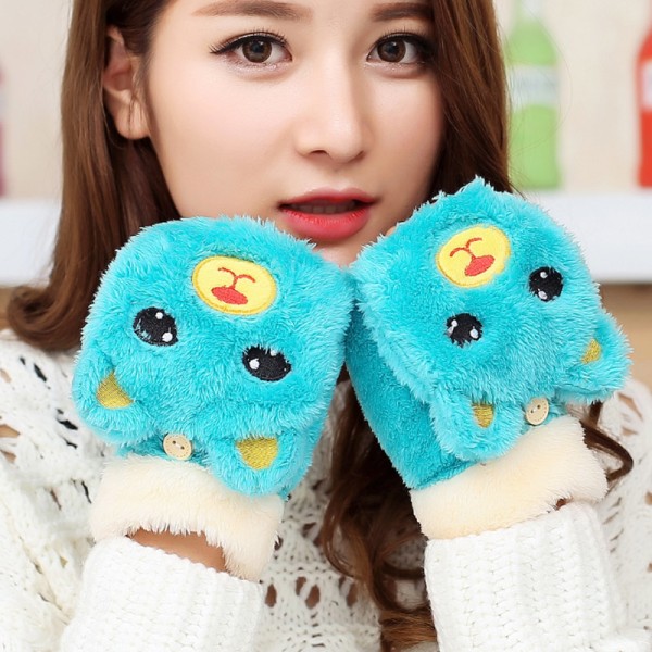 Womens Cute Cartoon Bear Keep Warm Half Finger Gloves Flip Cover for Winter Ladies blue