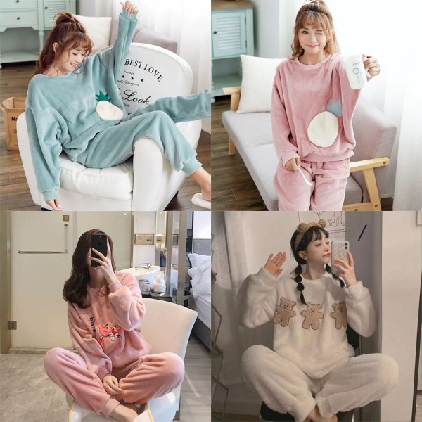 Vinterflanell Pyjamasset för kvinnor Söta långärmade nattkläder Comfy Pj l a