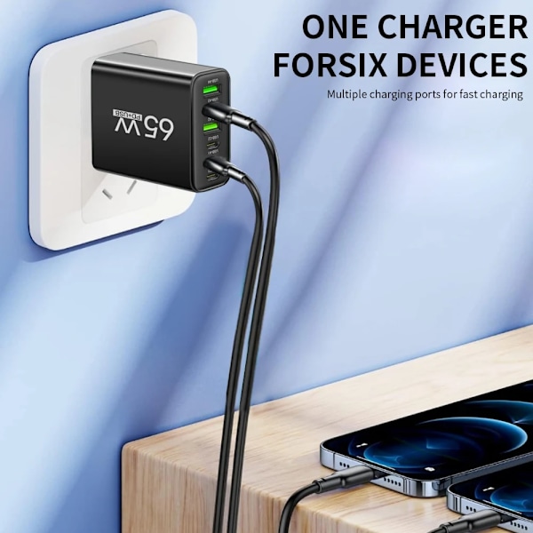 USB C Laddare Totalt 65W Multi 6 Portar Snabbladdning QC3.0 Typ C Mobiltelefon Väggadapter för iPhone 15 Pro Max Xiaomi Samsung White EU